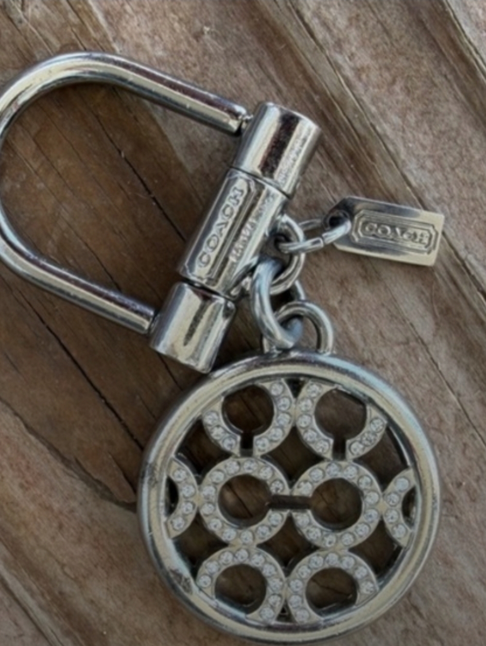 Coach Silver Crystal Signature Circle Bag Charm Keychain